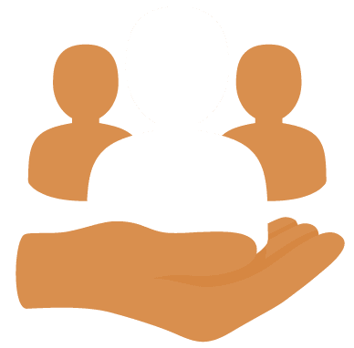 A graphic of three human figures with a hand underneath, symbolizing support or care for people.